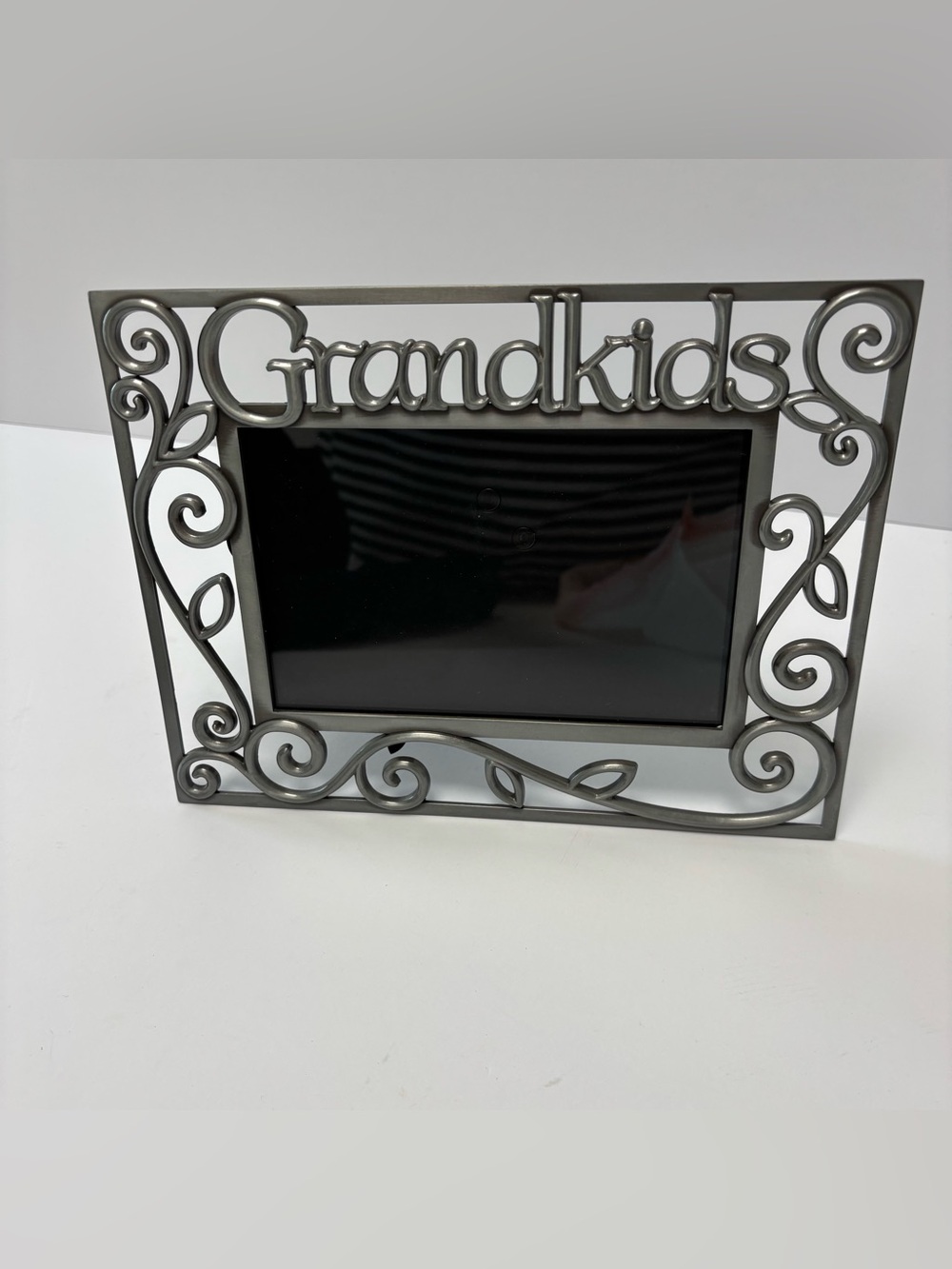 Grandkids Decorative Metal Photo Frame Silver Scroll Leaf Design